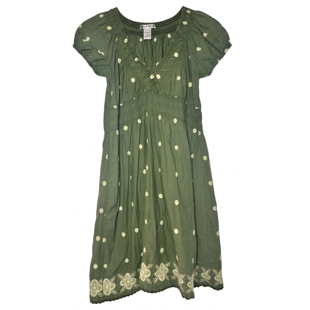 Cute Options Embroidered Boho Dress Women L Green Cotton Smocked Lace Hem Mini